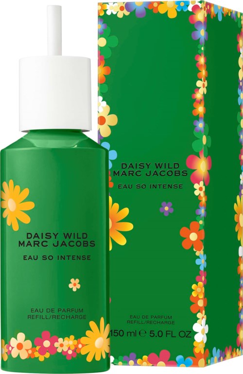 The image shows a green perfume bottle with colorful flower designs and a matching floral box.