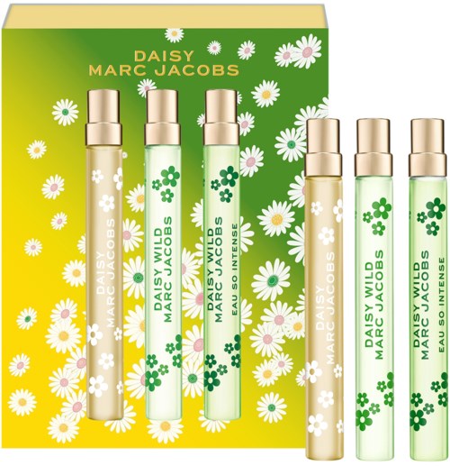 A set of perfume bottles and packaging featuring daisies, with green and white colors and gold accents.