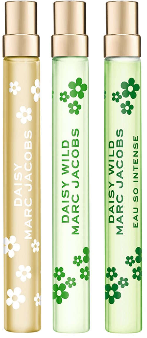Three perfume bottles labeled Daisy Marc Jacobs, with floral designs in white and green, standing upright.
