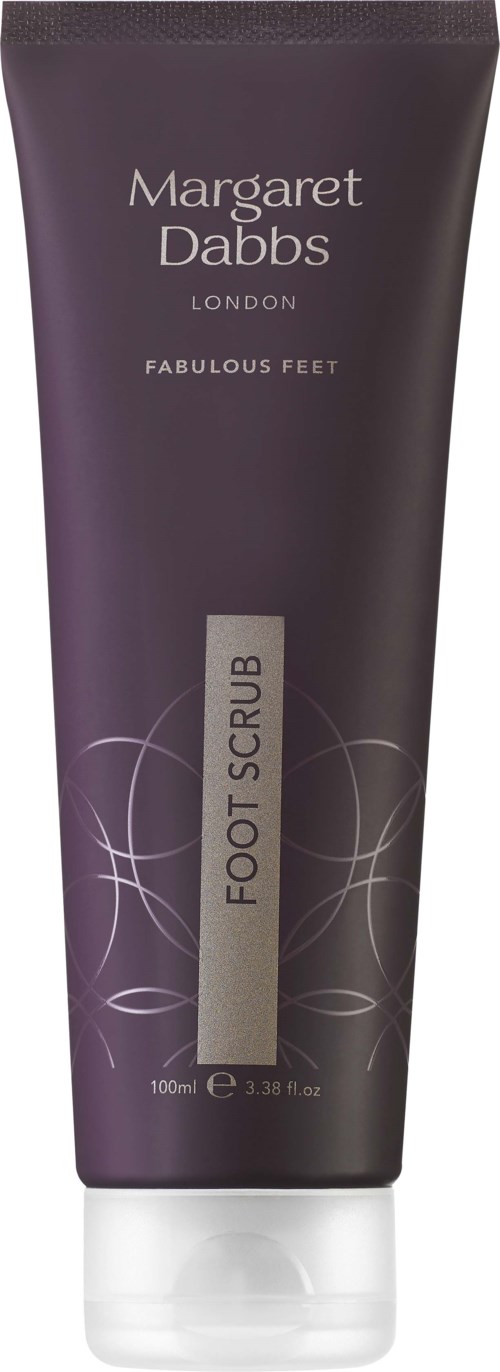 En mörklila tub med Margaret Dabbs London fot scrub med vit text och elegant design.