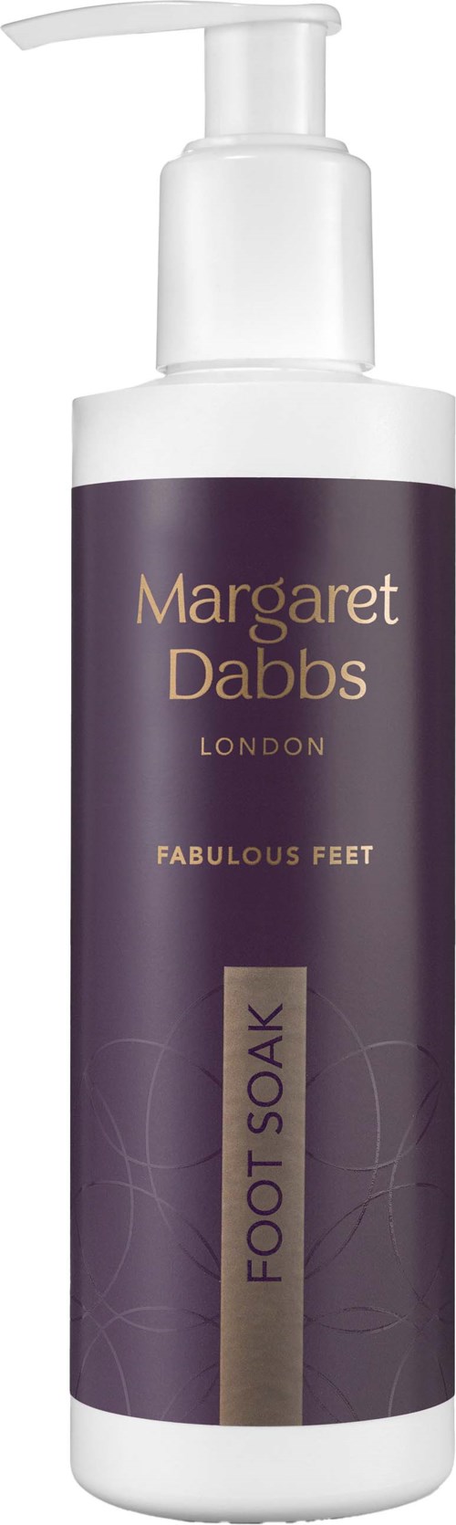 En vit flaska med pump, märkt Margaret Dabbs London, Fabolous Feet, Foot Soak i lila och beige.