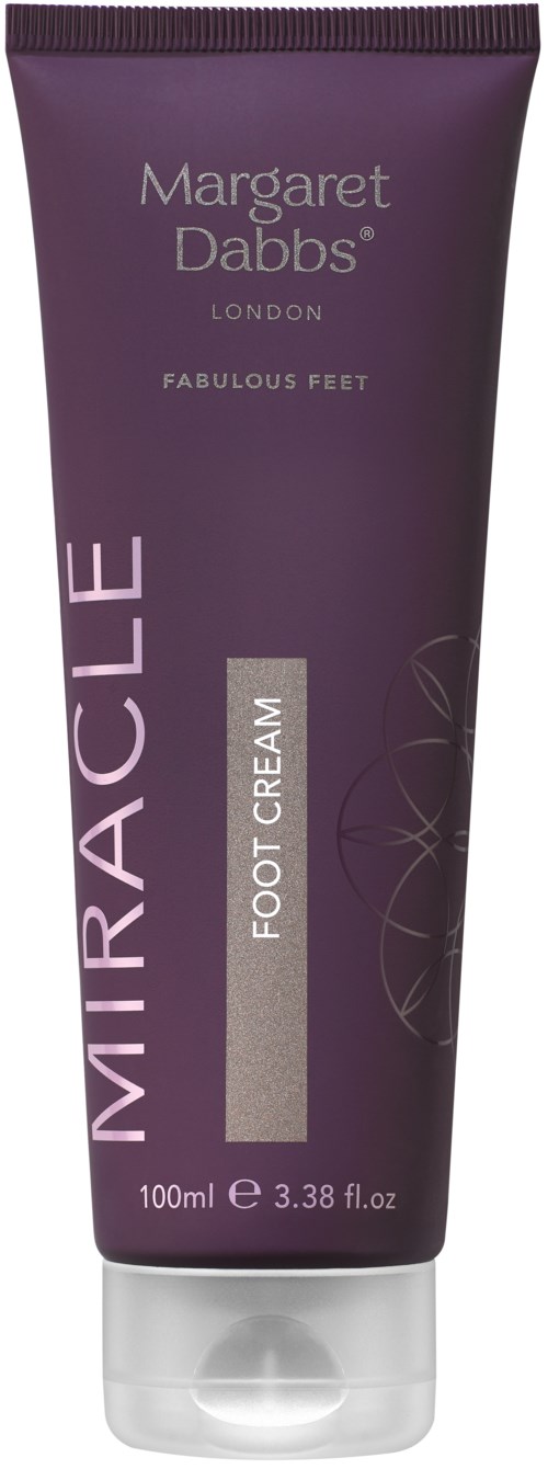 Lila Tube mit Margaret Dabbs Miracle Foot Cream, 100 ml, mit Text und Design.