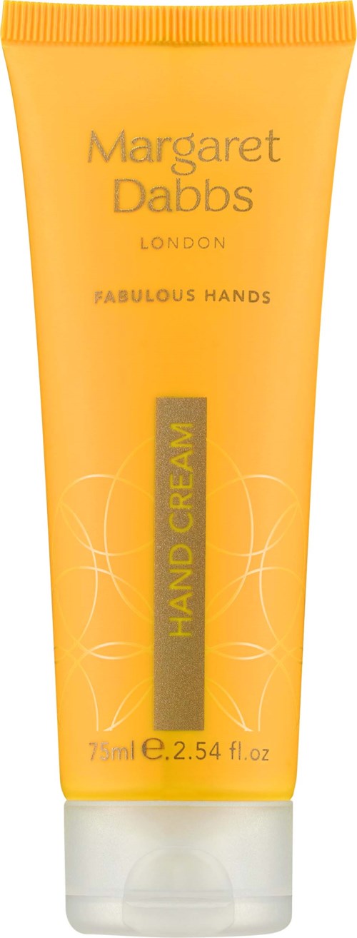 A squeeze tube of hand cream with orange and yellow colors, labeled 'Margaret Dabbs London Fabulous Hands' and 'Hand Cream'.