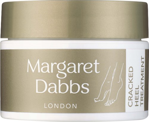 En liten jar med etiketten 'Margaret Dabbs London' och en fotillustration. Den säger 'Cracked Heel Treatment' för skötsel av huden.