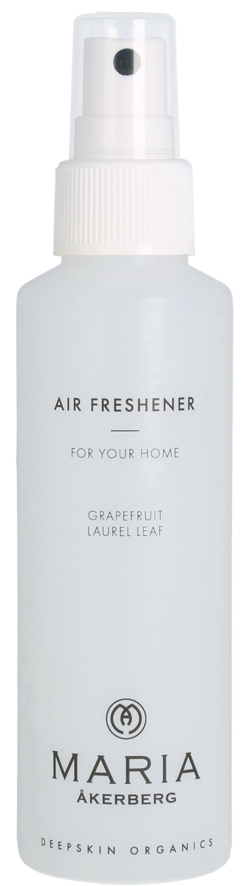En hvit sprayflaske merket 'Air Freshener' med duft 'Grapefruit Laurel Leaf' av Maria Åkerberg.