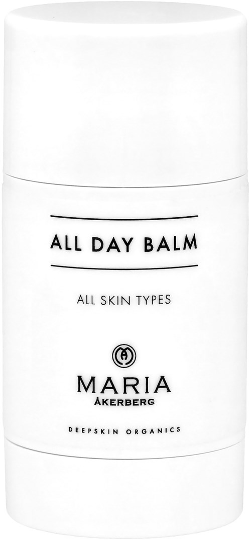 Valkoinen purkki, jossa lukee "All Day Balm" kaikille ihotyypeille, Maria Akeregberg, Deep Skin Organics.