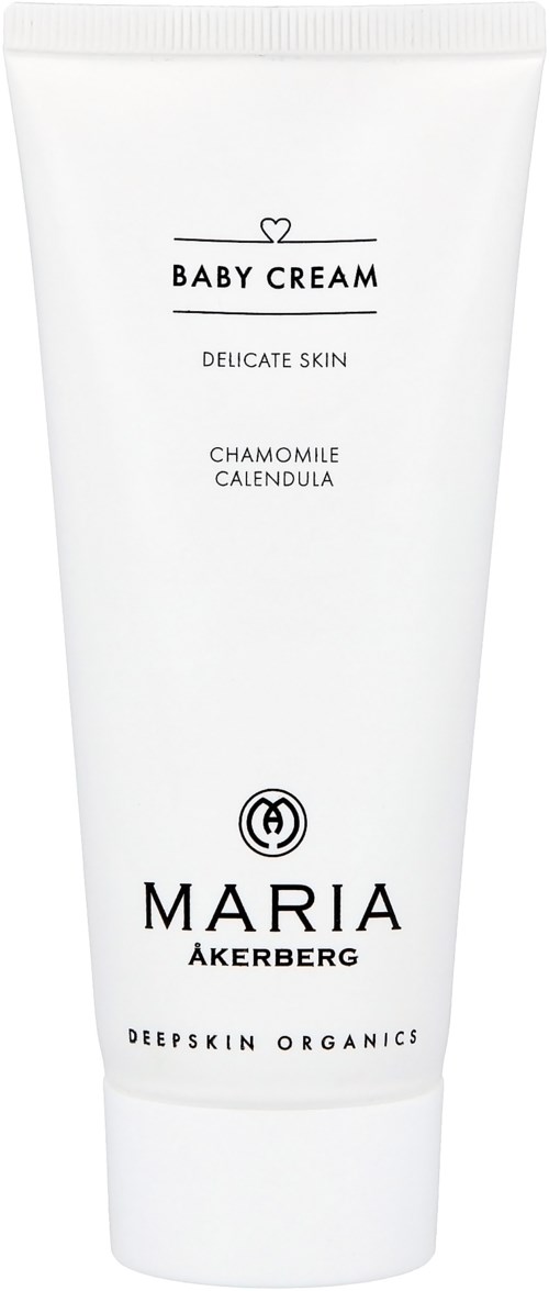 Vit tub märkt Baby Cream med kamomill och ringblomma för känslig hud. Märke är Maria Åkerberg. Ekologisk produkt.