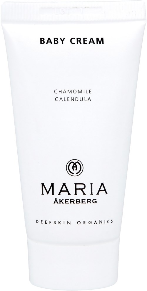 A white tube of baby cream with black text, highlighting chamomile and calendula ingredients, by Maria Åkerberg.