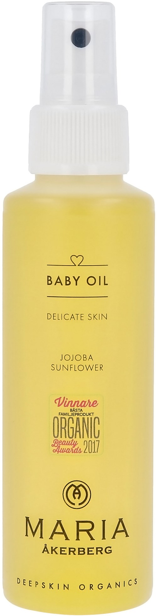 Keltainen suihkepullo, jossa on etiketti 'Baby Oil, Jojoba Sunshine, Organic, Maria Åkerberg, Deep Skin Organics.'