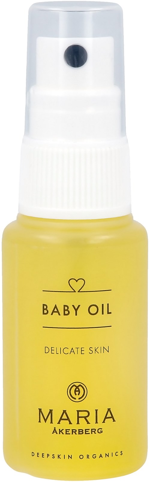 Lille gul sprayflaske mærket 'Baby Oil' til sart hud, med hvid pumpe.