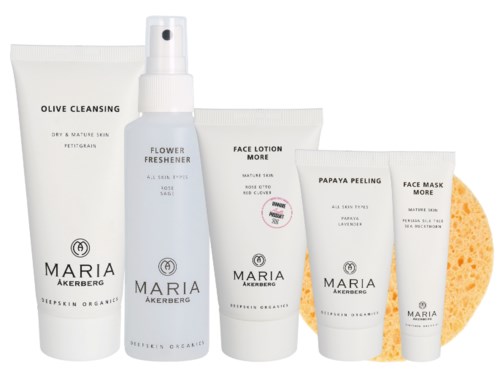 Hudvårdsprodukter för ansiktet, inklusive rengöringsmedel, lotion, peeling och masker, med en gul svamp i bakgrunden.