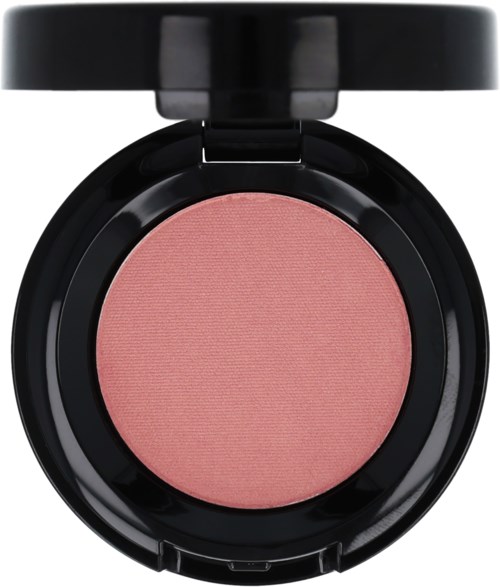 En rund rosa rouge i en svart makeupbehållare med lock.