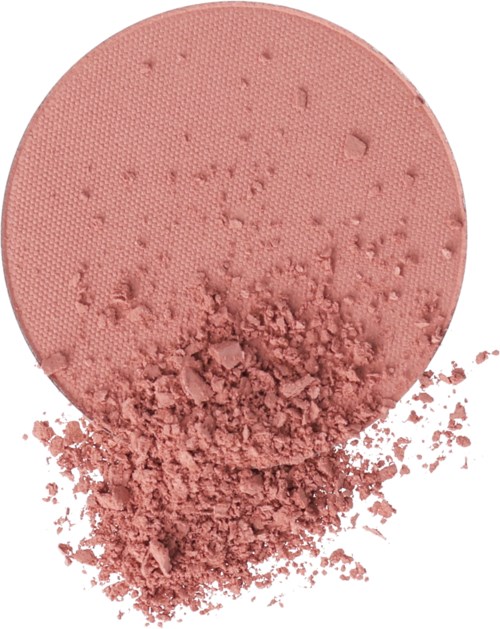 En rund rosa makeuprouge med lite puder spillt runt den.