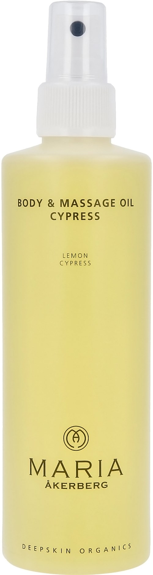 En sprayflaske merket 'Body & Massage Oil Cypress Lemon Cypress' av Maria Åkerberg med en hvit spraytop.