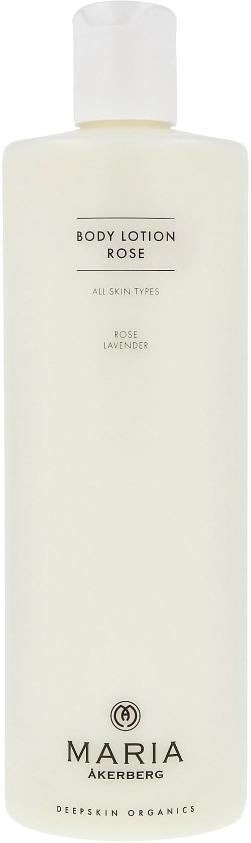 En hvit flaske merket 'Body Lotion Rose' av Maria Åkerberg, med hvit kork, for alle hudtyper, med duft av roser og lavendel.