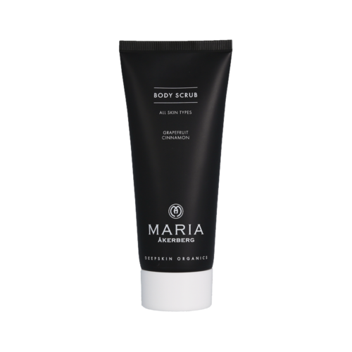 Mustan ja valkoisen putken merkinnällä "body scrub" ja greipin ja kanelin tuoksulla, kaikille ihotyypeille.