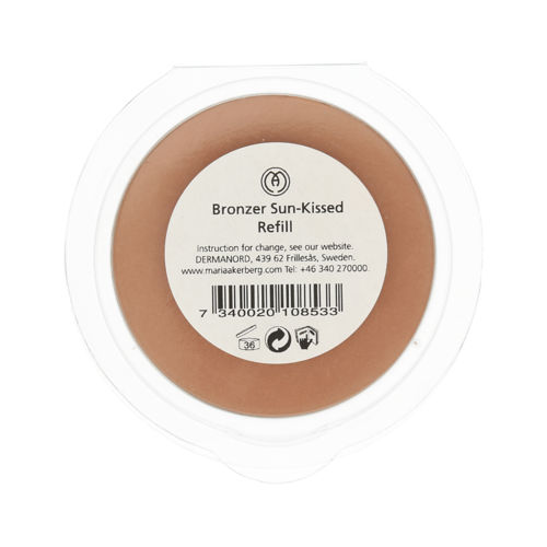 Förpackning av bronzer med etikett som visar solkysst påfyllning och streckkod.