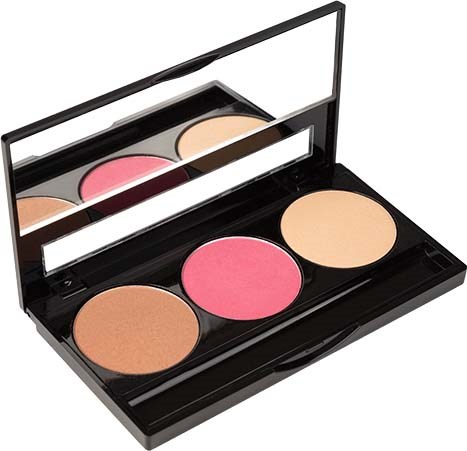 En sminkpalett med tre cirkulära rouge- eller ögonskuggfärger i beige, rosa och brunt, med en spegel inuti locket.