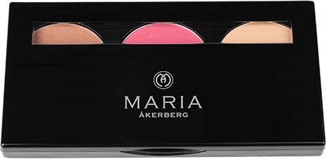 En svart makeup-palett med tre cirkulära sektioner av rouge i bruna, rosa och persikafärger.