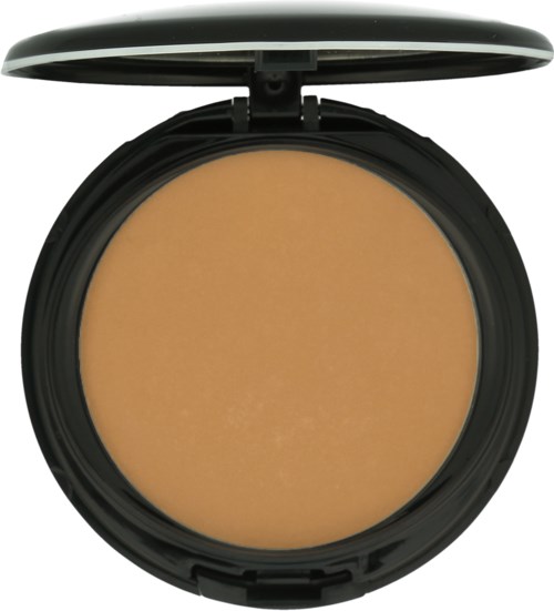 En svart kompakt behållare med beige puder och spegel på locket.