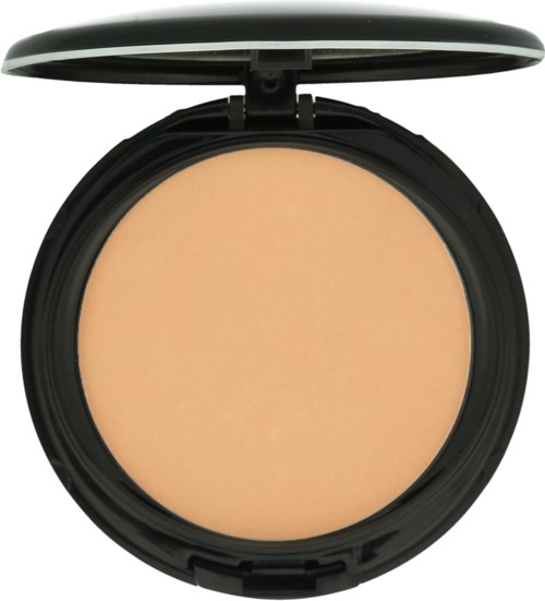 En liten sminkpuderbehållare med öppen lock, visar ljusbeige pressad puder inuti.