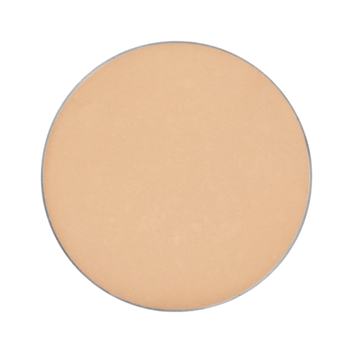 En rund, beige färgad makeupsvamp med en mjuk yta.