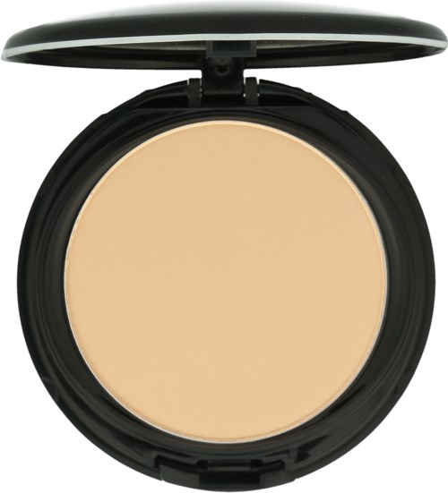 Ett kompakt beige makeuppuder i ett svart runt fall med lock. Locket är öppet.