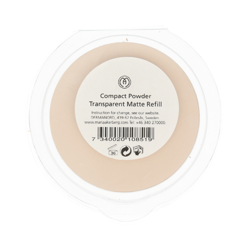 En rund behållare med vitt puder märkt 'Compact Powder' och instruktioner för påfyllning och användning.