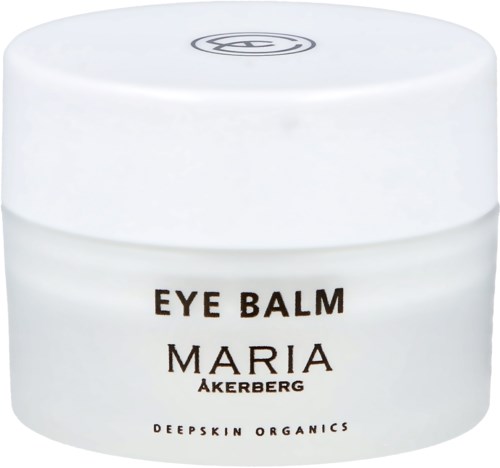 En hvit krukke merket 'Eye Balm Maria Akerberg' med et hudpleieprodukt.