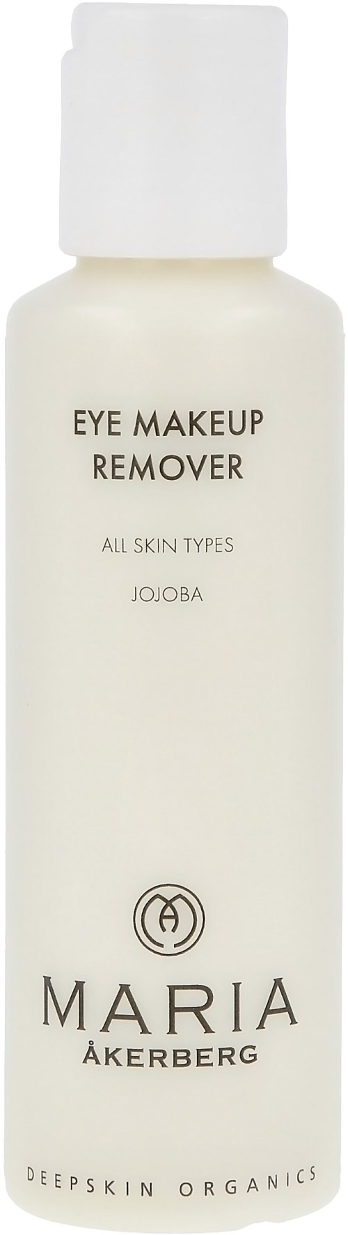 En vit flaska med vit lock märkt 'Eye Makeup Remover, All Skin Types, Jojoba, Maria Åkerberg, Deepskin Organics.'