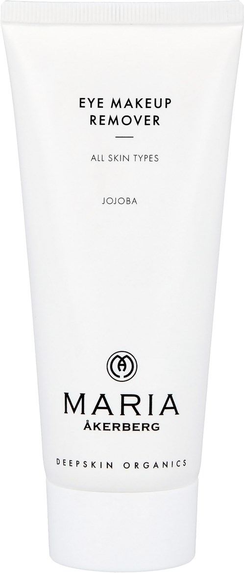 En hvit tube med øyemakeupfjerner merket for alle hudtyper med jojoba, fra Maria Åkerberg, økologisk og naturlig.