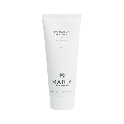 En hvit tube merket 'Eye Makeup Remover' av Maria Åkerberg, egnet for alle hudtyper.
