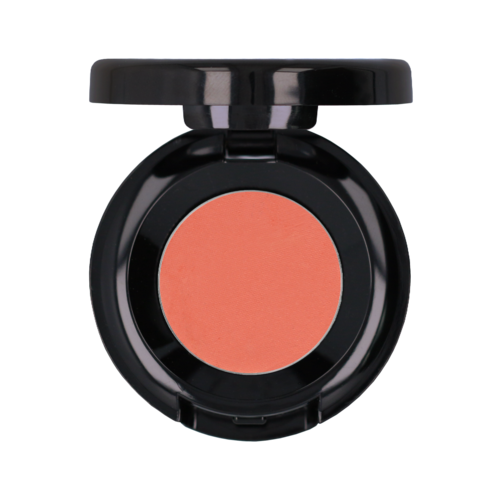 Een ronde make-up blush in een zwarte compacte doos met openslaand deksel, toont perzikkleurige blush.
