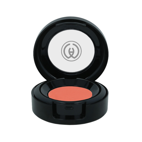 Een ronde blush in een zwarte compact met spiegel in de deksel.