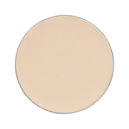 En beige rund genstand, muligvis makeup- eller pressed pudder, uden synlige mærker eller designs.