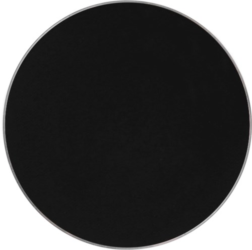 Musta pyöreä esine harmaalla reunalla, ei näkyvää tekstiä tai yksityiskohtia.