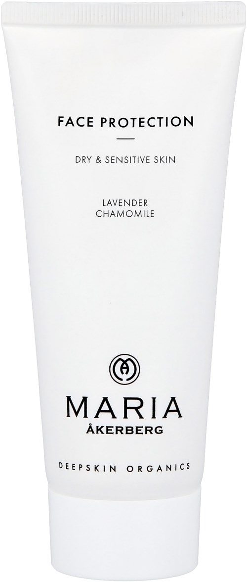 Ein weißer Tuben mit Gesichtsschutzcreme mit Lavendel und Kamille für trockene, empfindliche Haut von Maria Åkerberg.