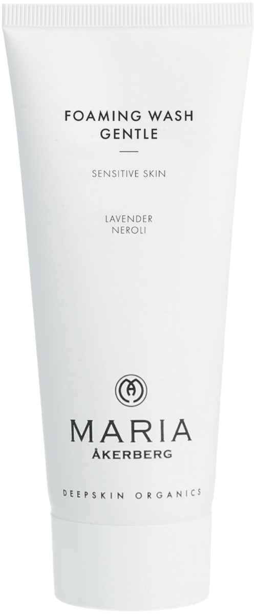En vit tub märkt 'Foaming Wash Gentle' med lavendel och neroli, lämplig för känslig hud, av Maria Åkerberg.