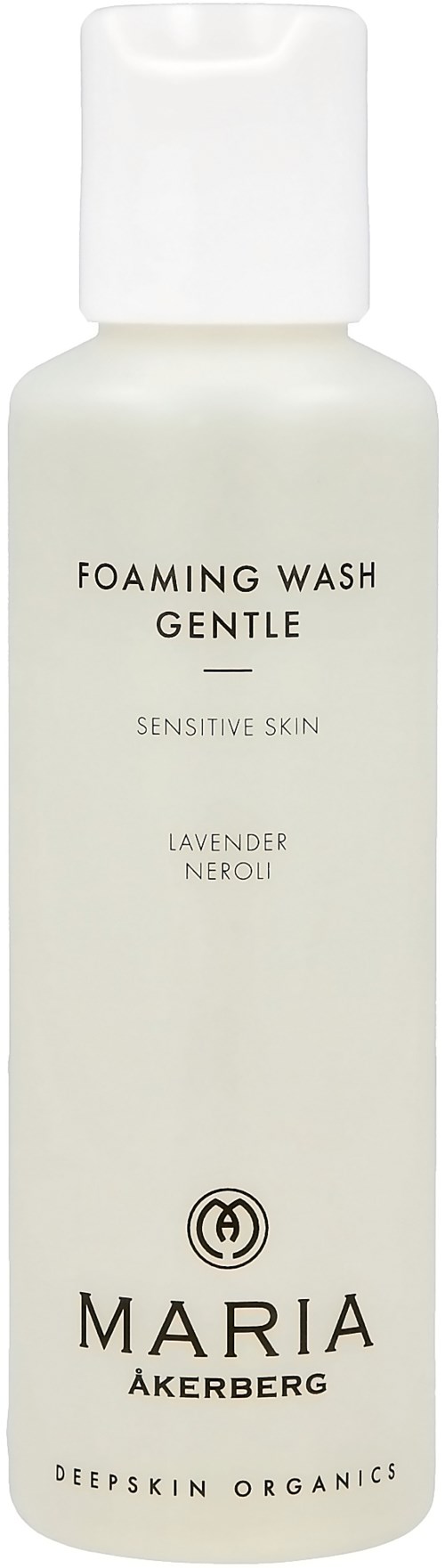 En vit flaska märkt 'Foaming Wash Gentle' med lavendel och neroli för känslig hud, från Maria Åkerberg.