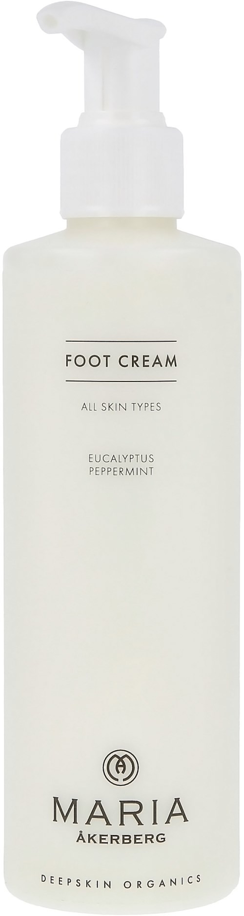Valkoinen pumppupullo, merkitty jalkavoiteeksi kaikille ihotyypeille, eucalyptus- ja piparminttuaroma.