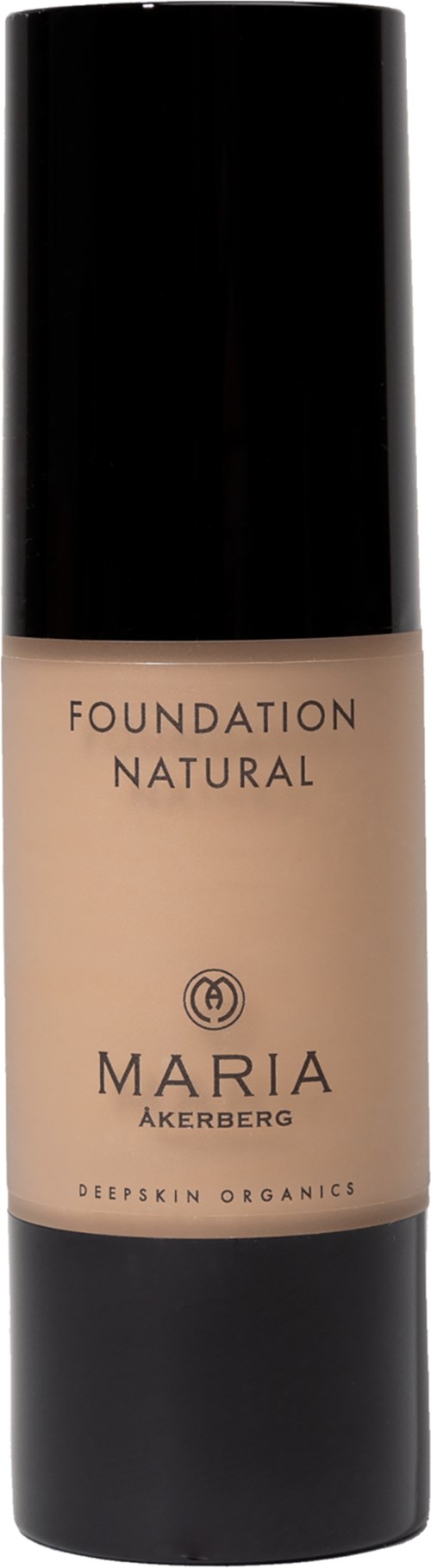A bottle of Maria Åkerberg Natural Foundation with a black cap and beige body, labeled as organic and natural makeup.