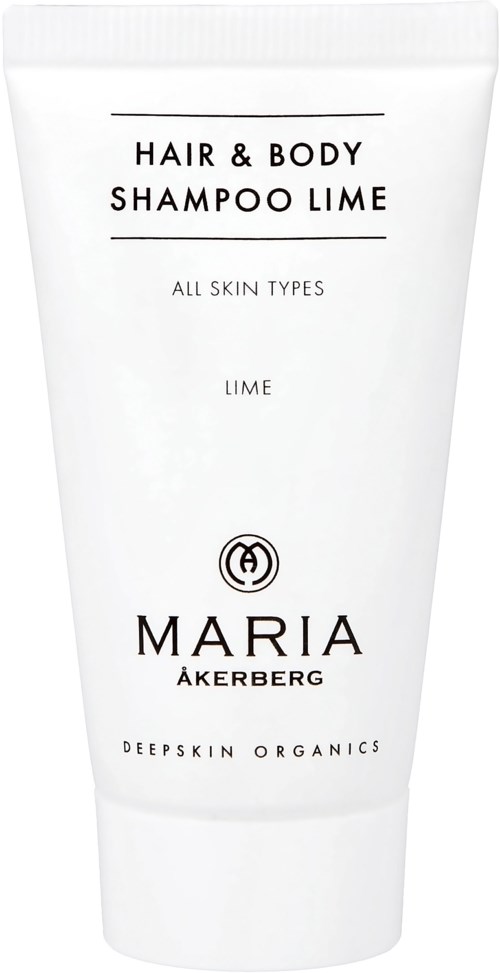 En vit tub med Maria Akerberg Hair & Body Shampoo Lime för alla hudtyper.
