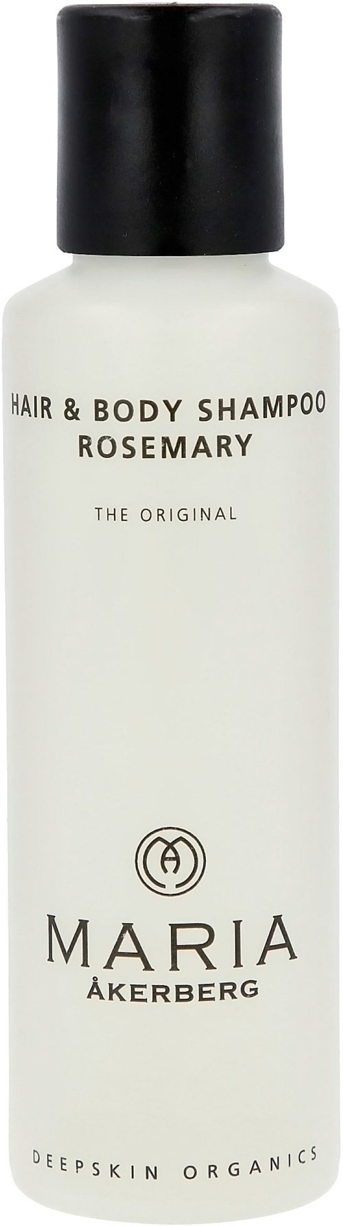 Witte fles met zwarte dop, gelabeld als rozemarijnshampoo voor haar en lichaam.