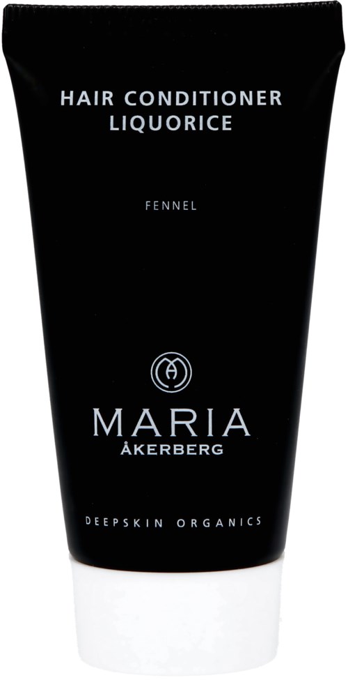 En sort tube med hvid tekst til Maria Åkerberg hårbalsam kaldet Liquorice med fennikel, økologiske ingredienser.