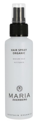 Een witte spuitfles met zwarte dop, labelled 'Hair Spray Organic', bevat haarspray met gemiddeld hold.