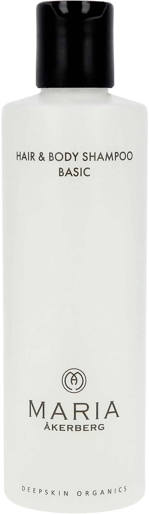 En lång vit flaska med svart lock, märkt 'Hair & Body Shampoo Basic' av Maria Åkerberg.