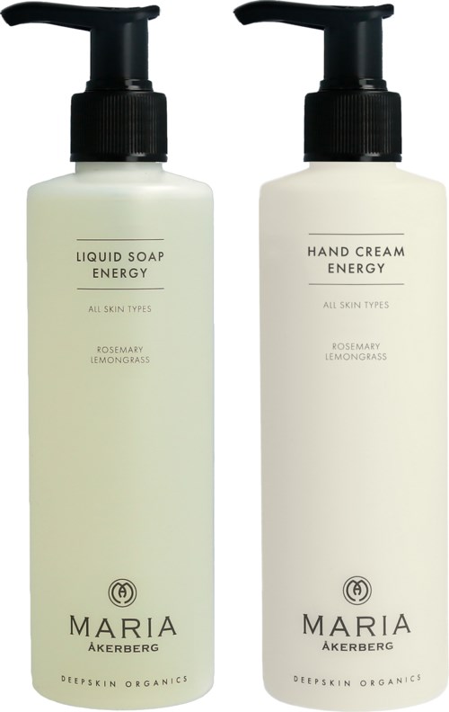 Two white bottles with black pumps. One is liquid soap, the other hand cream. Both are from Maria Akerberg with natural ingredients.