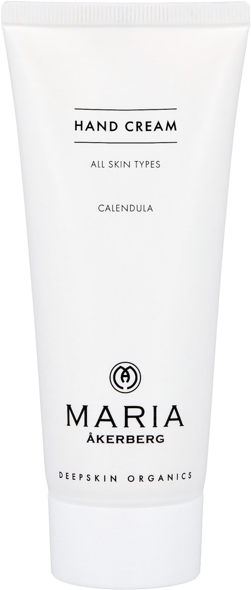 En hvid tube mærket som håndcreme til alle hudtyper med calendula fra Maria Åkerberg, økologisk plejende.