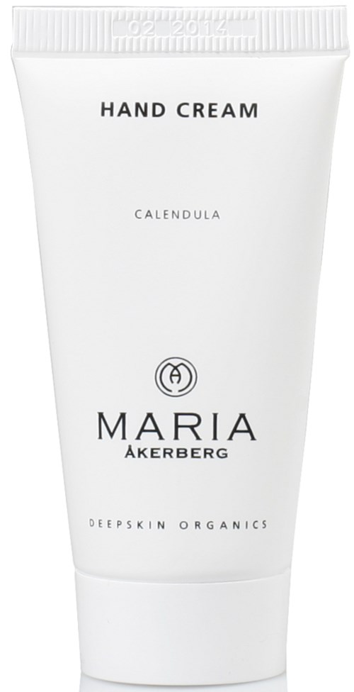 Eine weiße Tube mit der Aufschrift 'Hand Cream', 'Calendula' und 'Maria Åkerberg'.