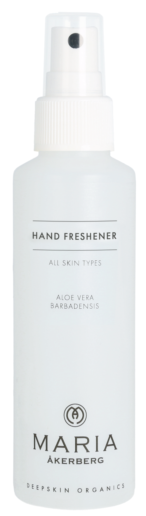 En vit sprayflaska märkt 'Hand Freshener' med aloe vera från Barbados, av Maria Åkerberg.